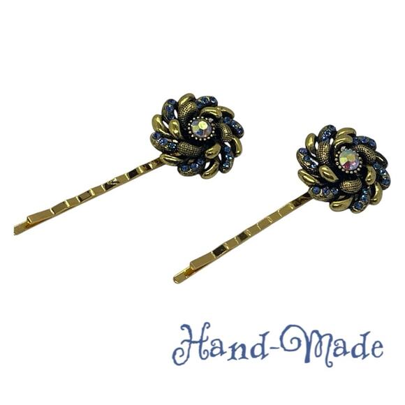 Handmade Blue Iridescent Rhinestone Gold Set Hair Clips HoCo Fairy Jewelry NWT - Picture 1 of 6
